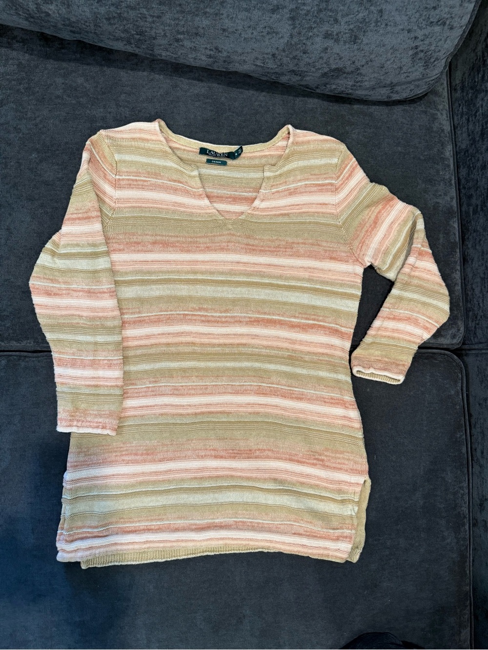 Ralph Lauren Striped V-Neck Sweater Top in Pink & Tan